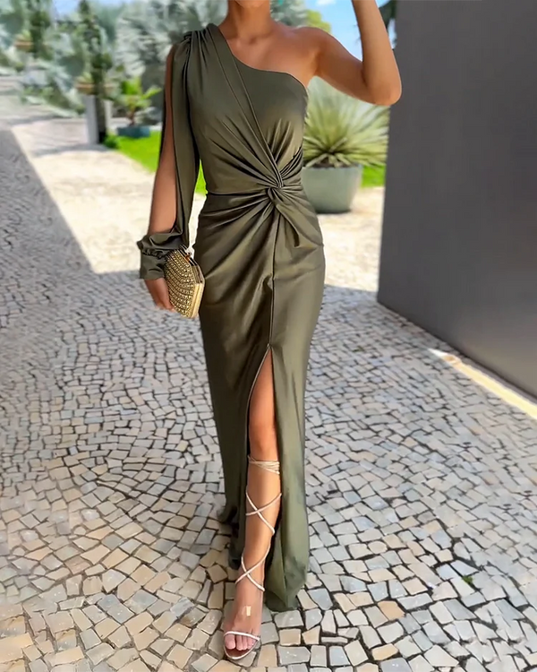Robe de soirée longue asymétrique vert armée pour femme