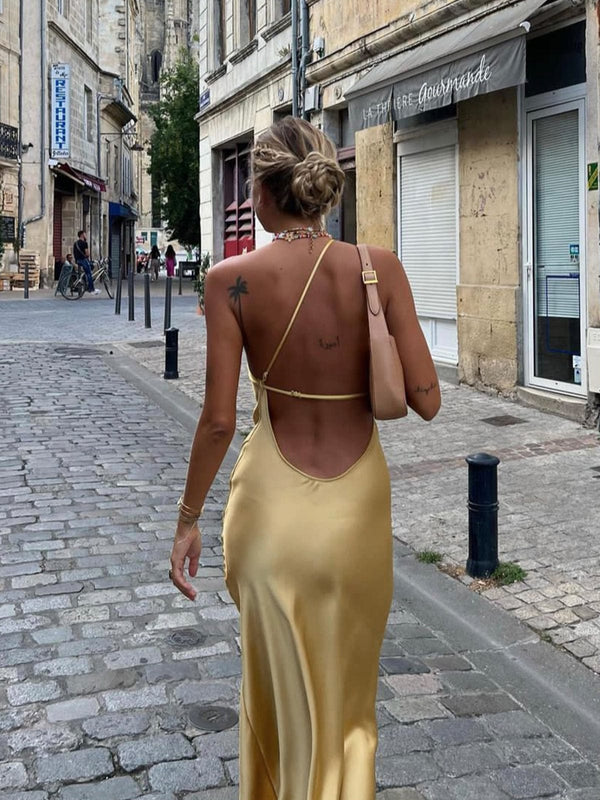 Damen Rückenfrei Maxi Satin Kleid