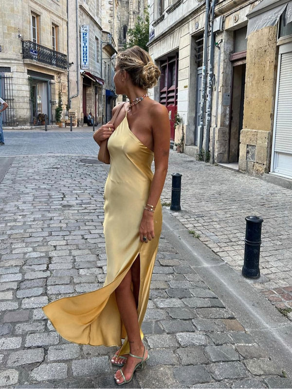 Damen Rückenfrei Maxi Satin Kleid