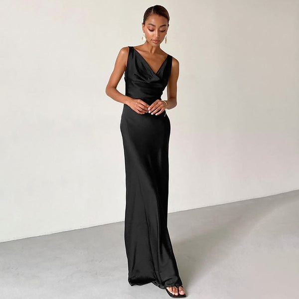 Damen Schwarz Ärmellos Wickel Maxi Abendkleid