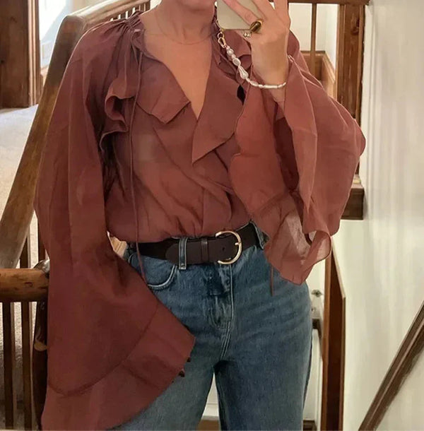 Blusa de manga larga con volantes para mujer Braun