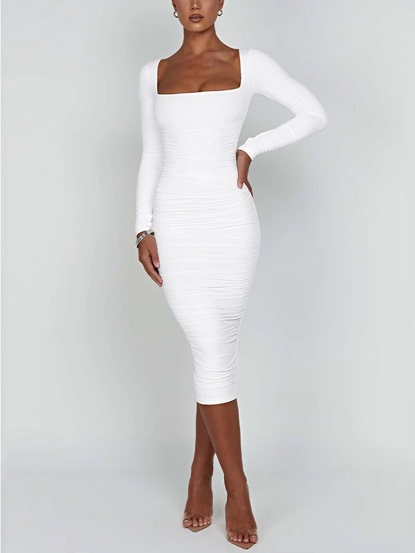 Robe midi fourreau à manches longues pour femme avec encolure carrée