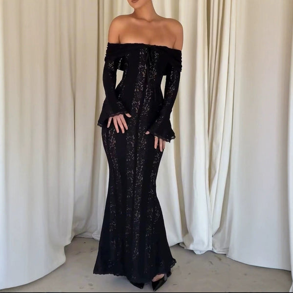 Robe de soirée maxi noire pour femme, épaules dénudées