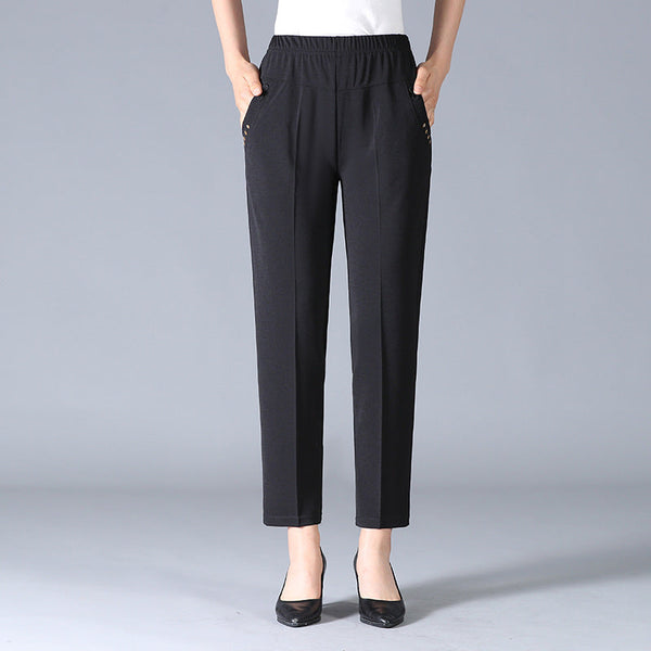 Pantalones de tela para mujer con cintura elástica y bolsillos