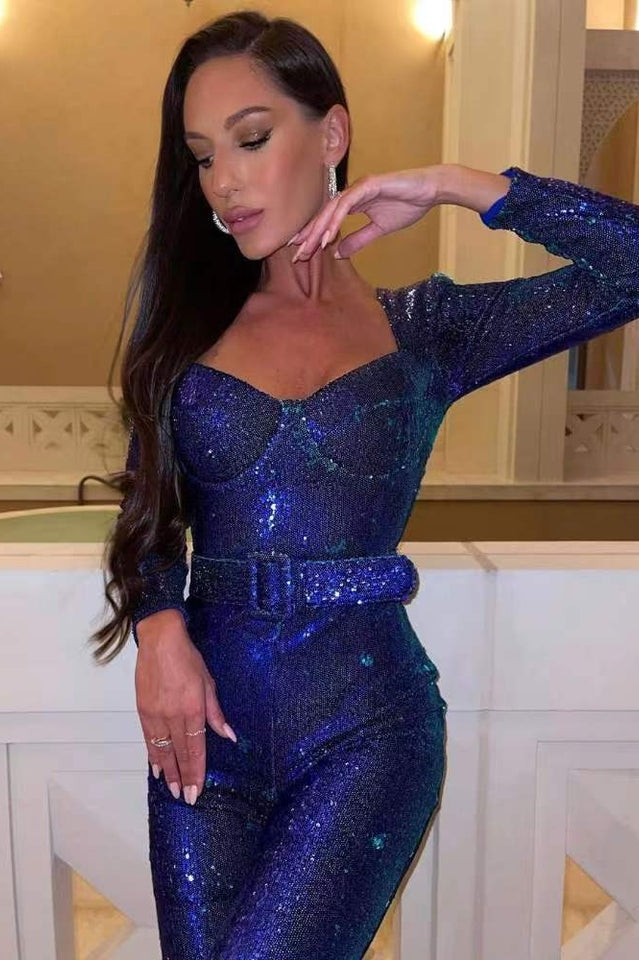 Aderine | Damen Elegant Glitzern Jumpsuit | Langärm