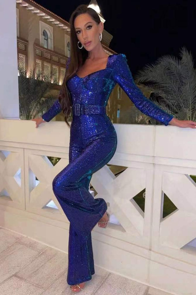 Aderine | Damen Elegant Glitzern Jumpsuit | Langärm