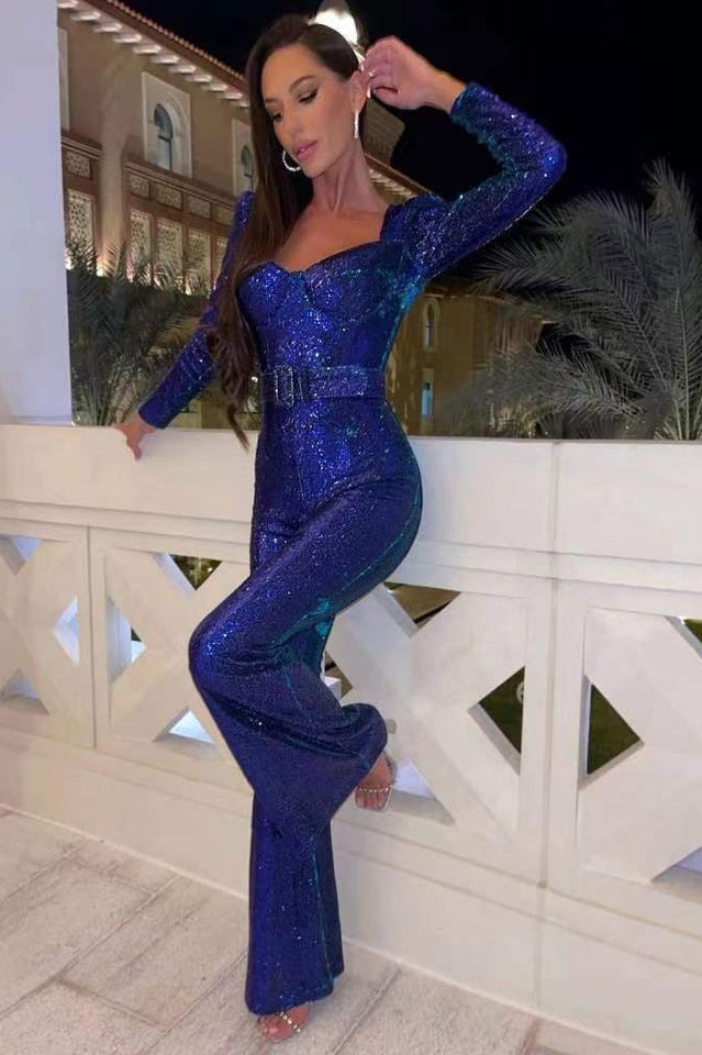 Aderine | Damen Elegant Glitzern Jumpsuit | Langärm