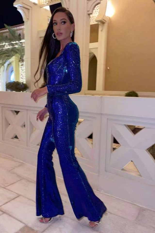 Aderine | Damen Elegant Glitzern Jumpsuit | Langärm