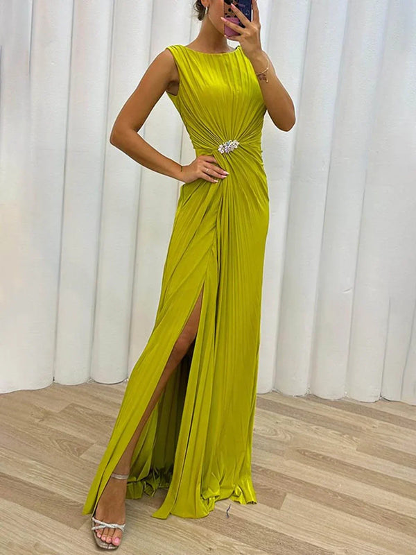 Olive | Plissee Maxi Hochzeitsgastkleid