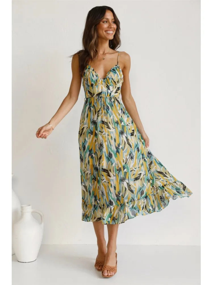 Damen Bedruckt Dünne Träger Midi Sommerkleid