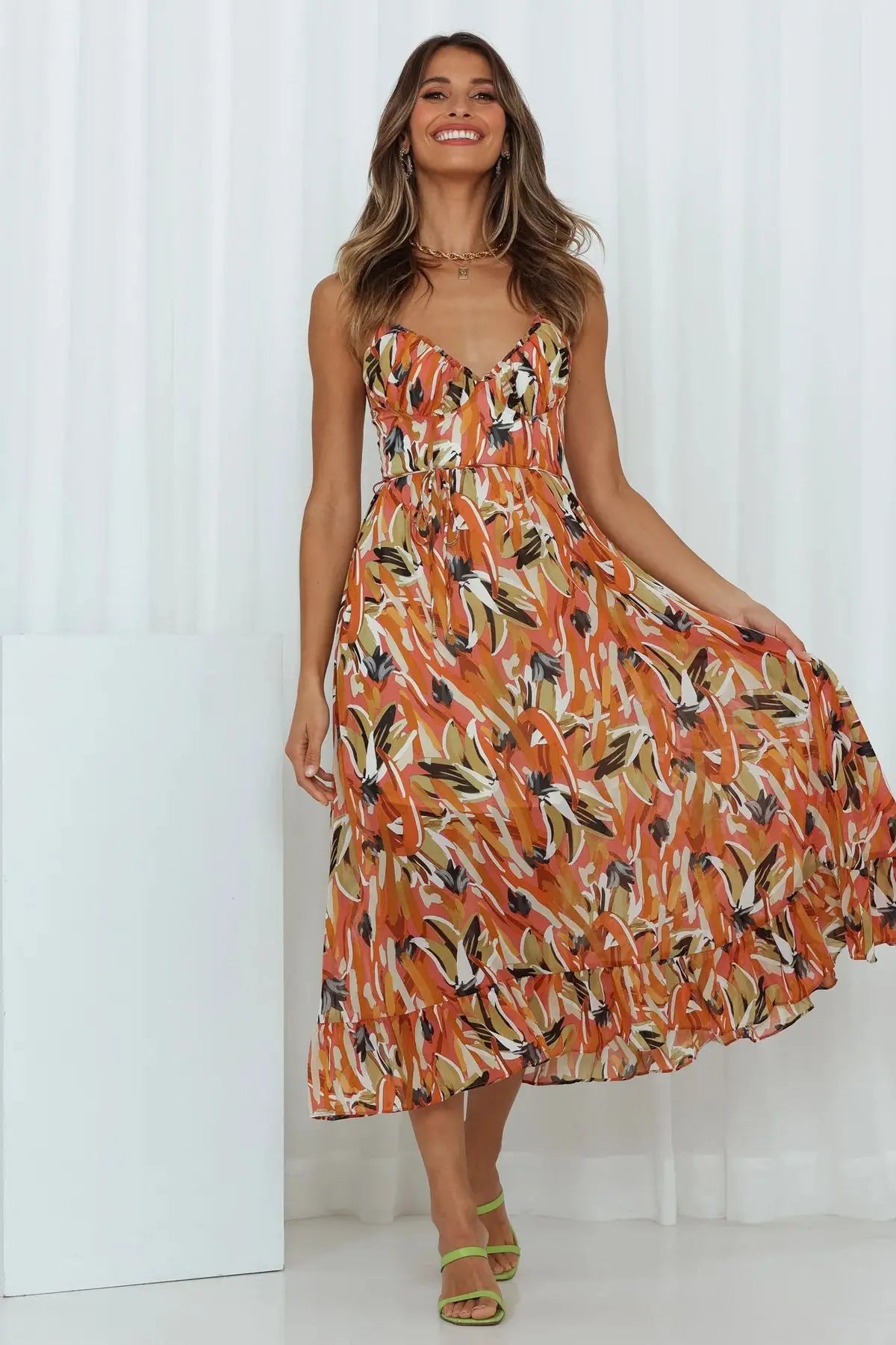 Damen Bedruckt Dünne Träger Midi Sommerkleid