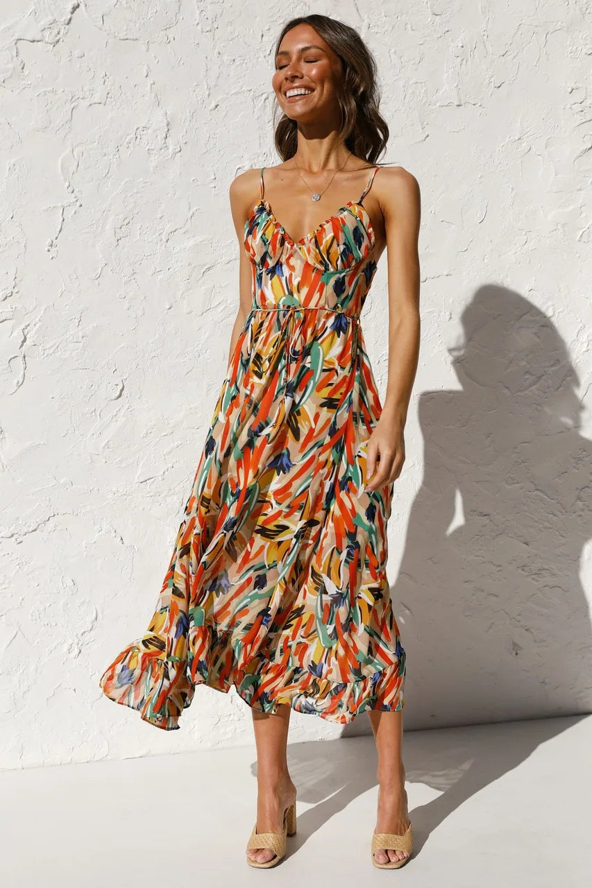 Damen Bedruckt Dünne Träger Midi Sommerkleid