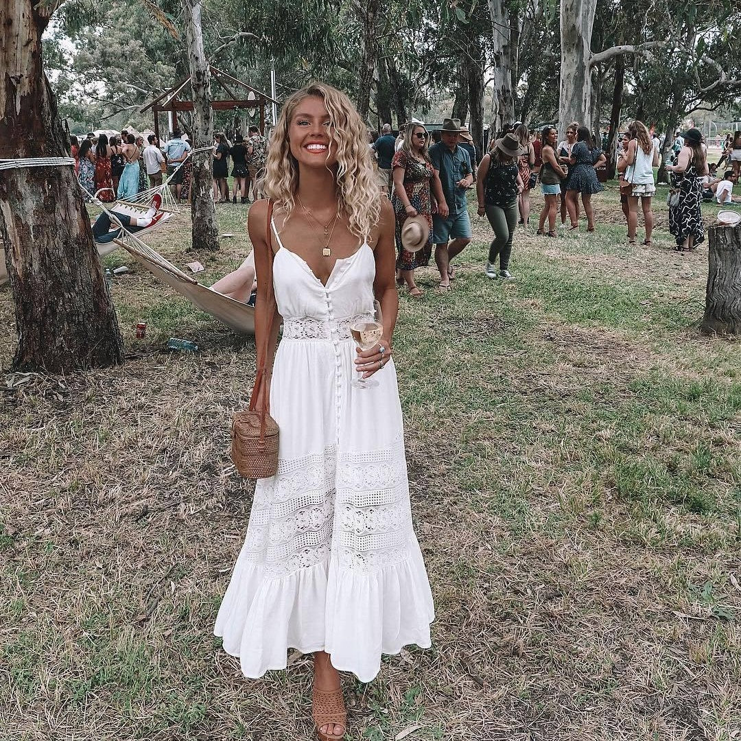 Damen Weiß Ärmellos Midi Sommerkleid