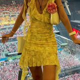 Women's Floral Sleeveless Mini Yellow Dress