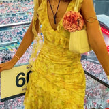 Women's Floral Sleeveless Mini Yellow Dress