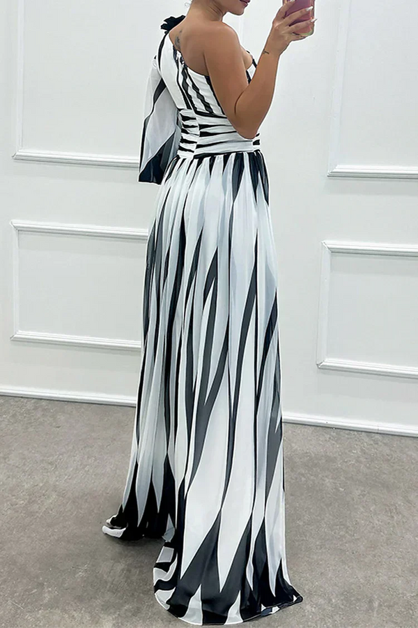 Vanessa | Jednoramienna sukienka maxi w paski