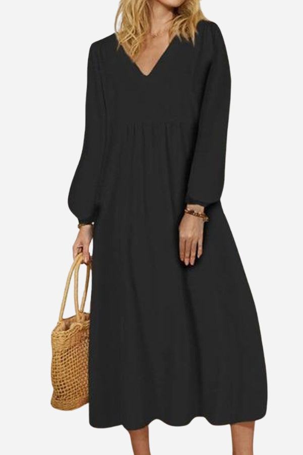 Yuna | V-Ausschnitt Ballonärmel Midikleid