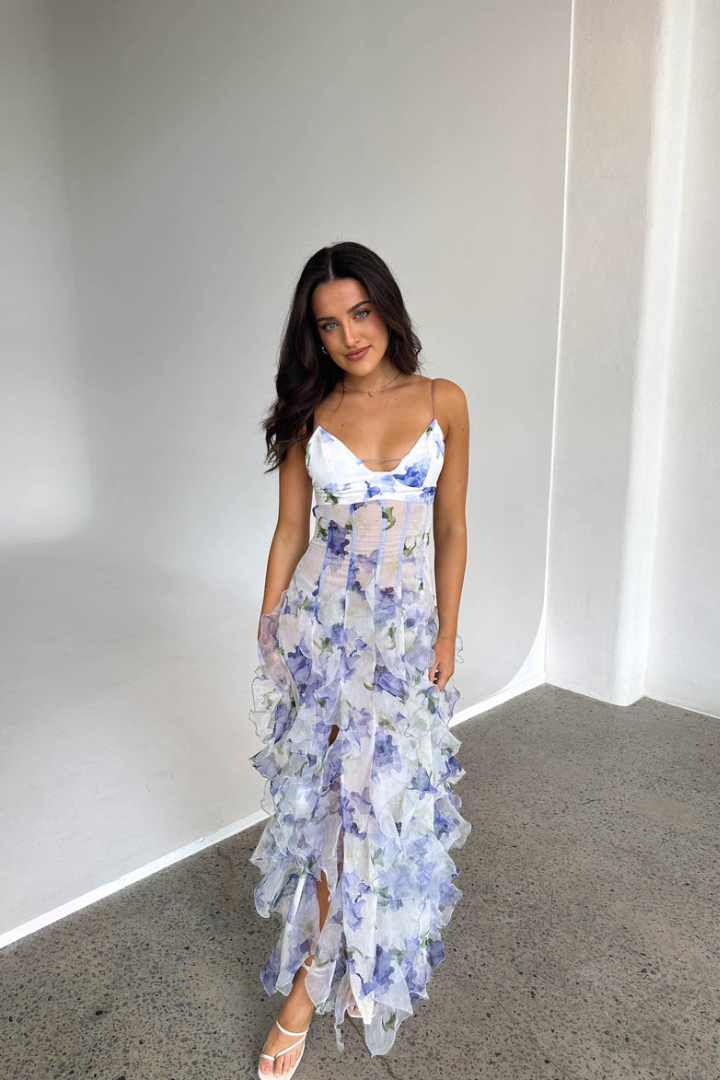 Dakota | Maxi Wedding Guest Dress with Floral Pattern Pleated Shade