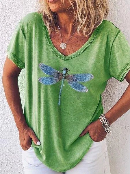 Eleanor | T-shirt z wzorem ważek i dekoltem w serek
