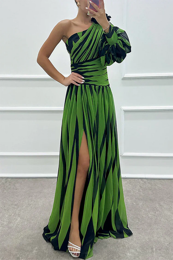 Vanessa | Jednoramienna sukienka maxi w paski