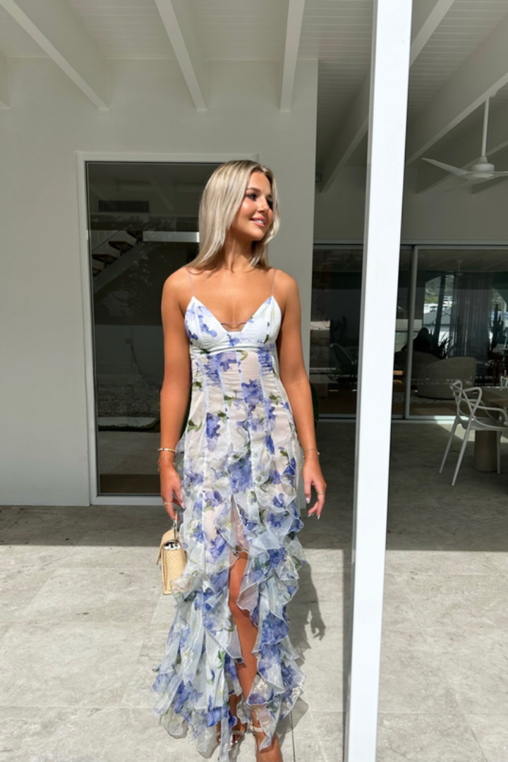 Dakota | Maxi Wedding Guest Dress with Floral Pattern Pleated Shade