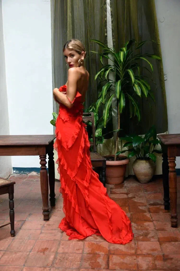 Damen Rüschen Lange Maxi Sommerkleid