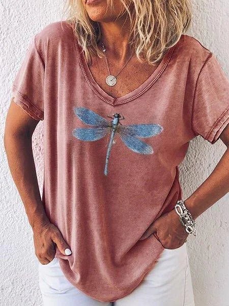 Eleanor | T-shirt z wzorem ważek i dekoltem w serek