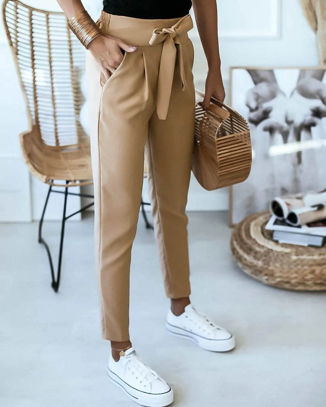 Cinturón de corbata para mujer Pantalón de tela ajustado