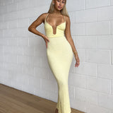 Damen Texturiert Tiefer V-Ausschnitt Midi Gelbe Kleid