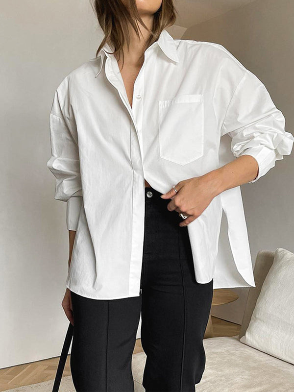 Women's Long White Buttoned Collar Blouse