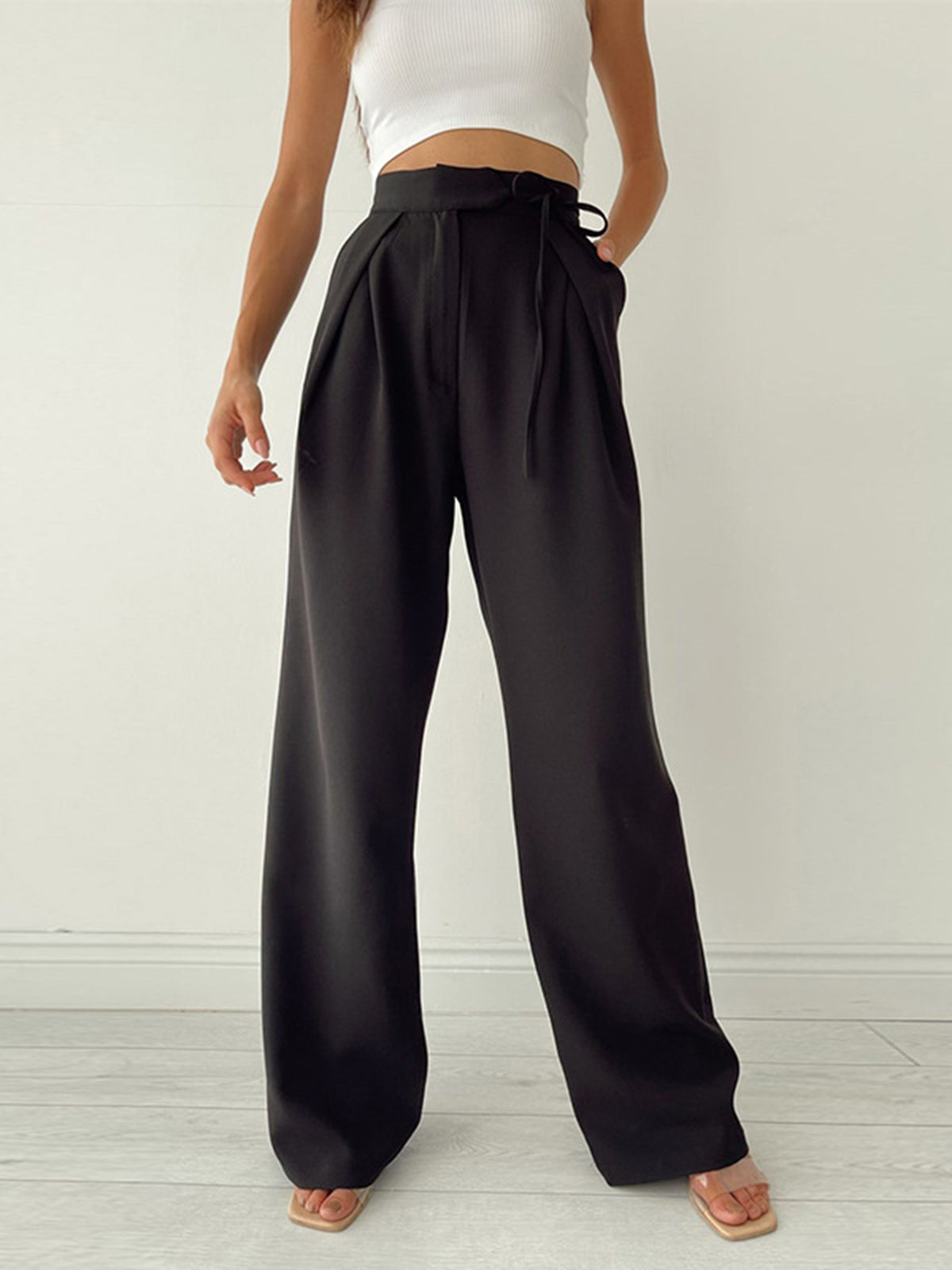 Pantalones chinos de talle alto para mujer con lazo lateral