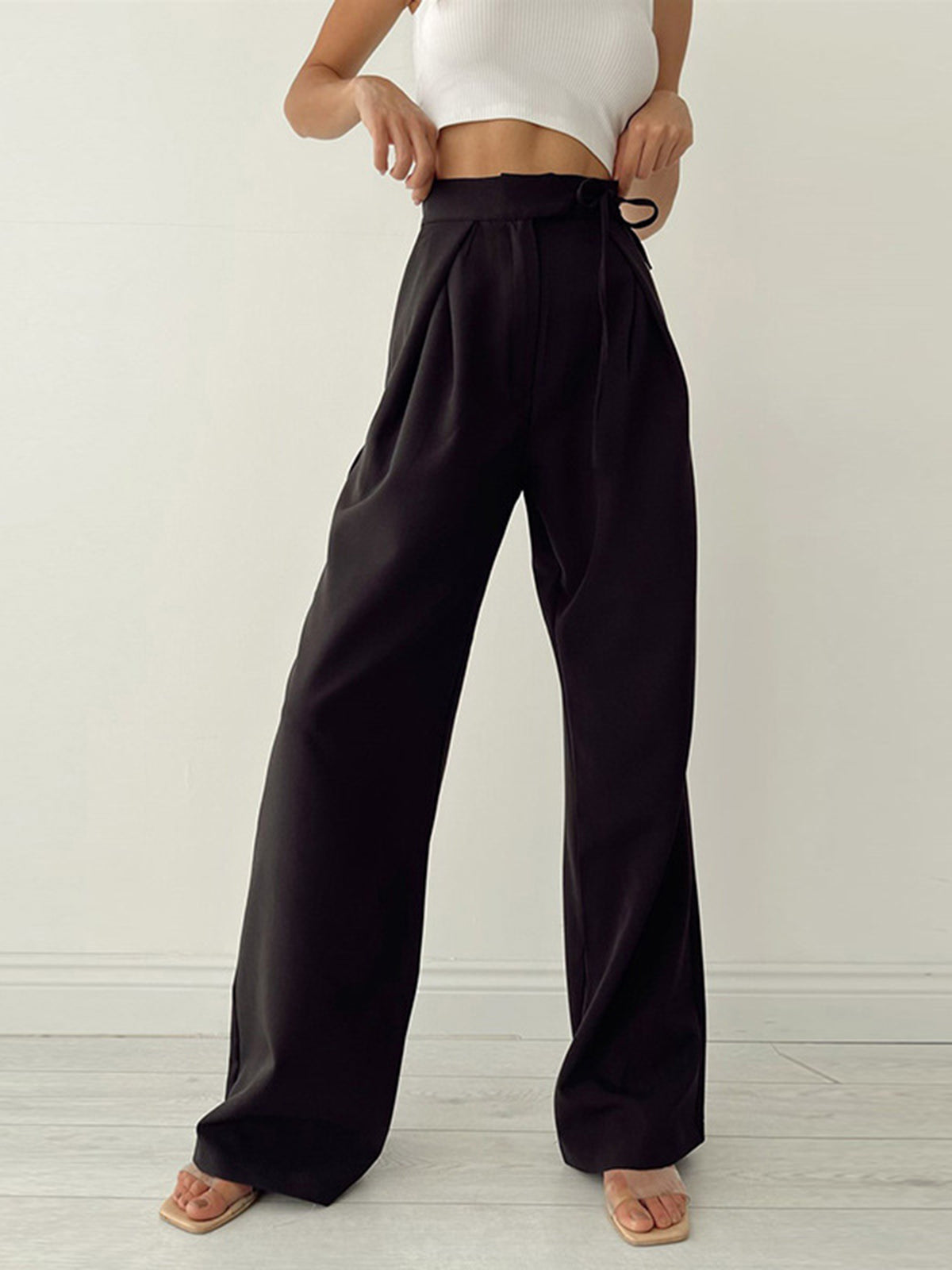 Pantalones chinos de talle alto para mujer con lazo lateral