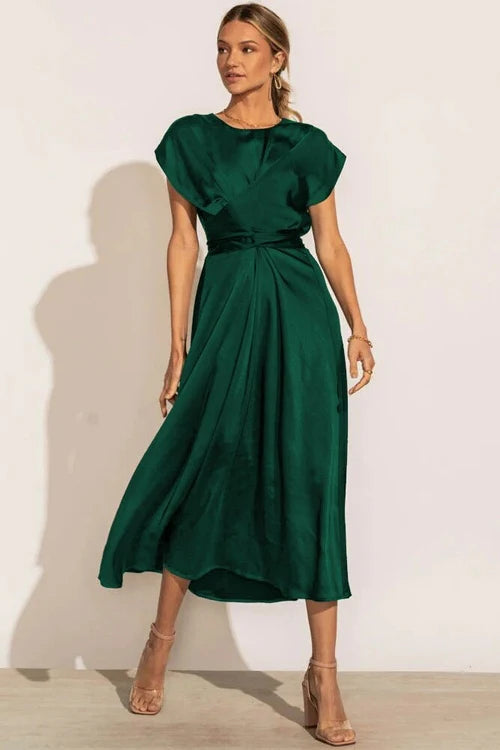 Damen Kurzarm Wickel Midi Hochzeitsgast Kleid