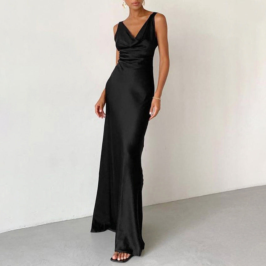 Robe de soirée longue noire pour femme, sans manches, portefeuille