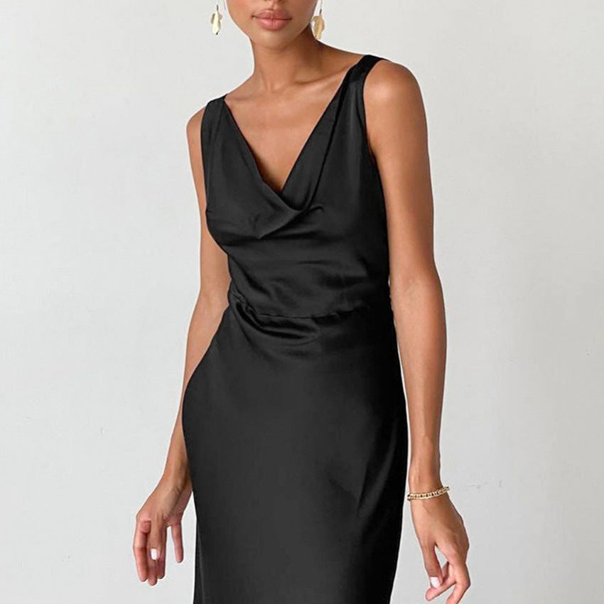 Robe de soirée longue noire pour femme, sans manches, portefeuille