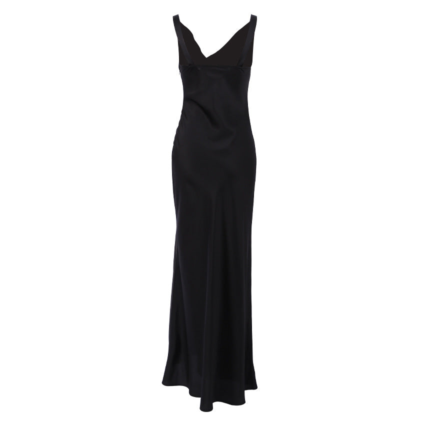 Robe de soirée longue noire pour femme, sans manches, portefeuille