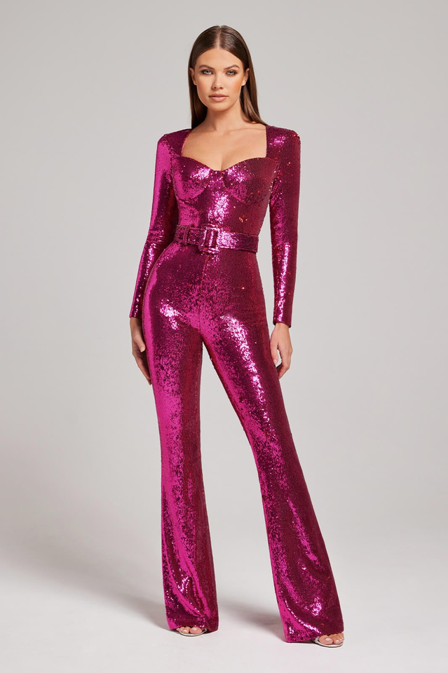 Aderine | Damen Elegant Glitzern Jumpsuit | Langärm
