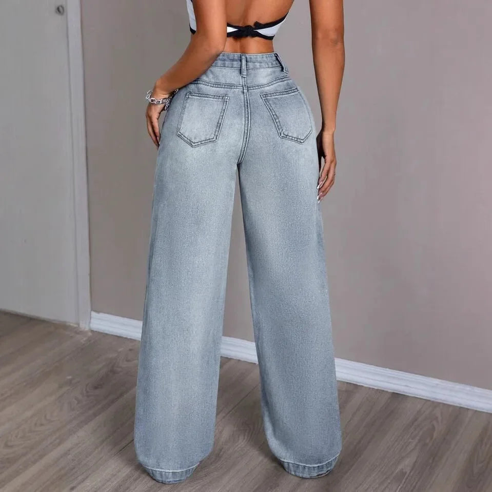 Damen Hellblau Hohe Taille Baggy Jeans