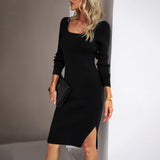 Damen Langarm Gestrickt Midi Etui Kleid