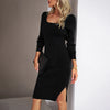 Damen Langarm Gestrickt Midi Etui Kleid