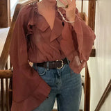 Women's Brown Ruffle Long Sleeve Blouse