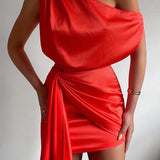 Damen Ein Schulter Mini Satin Kleid