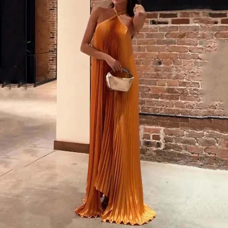 Tanya | Halter Pleated Maxi Wedding Guest Dress