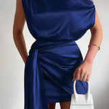 Damen Ein Schulter Mini Satin Kleid