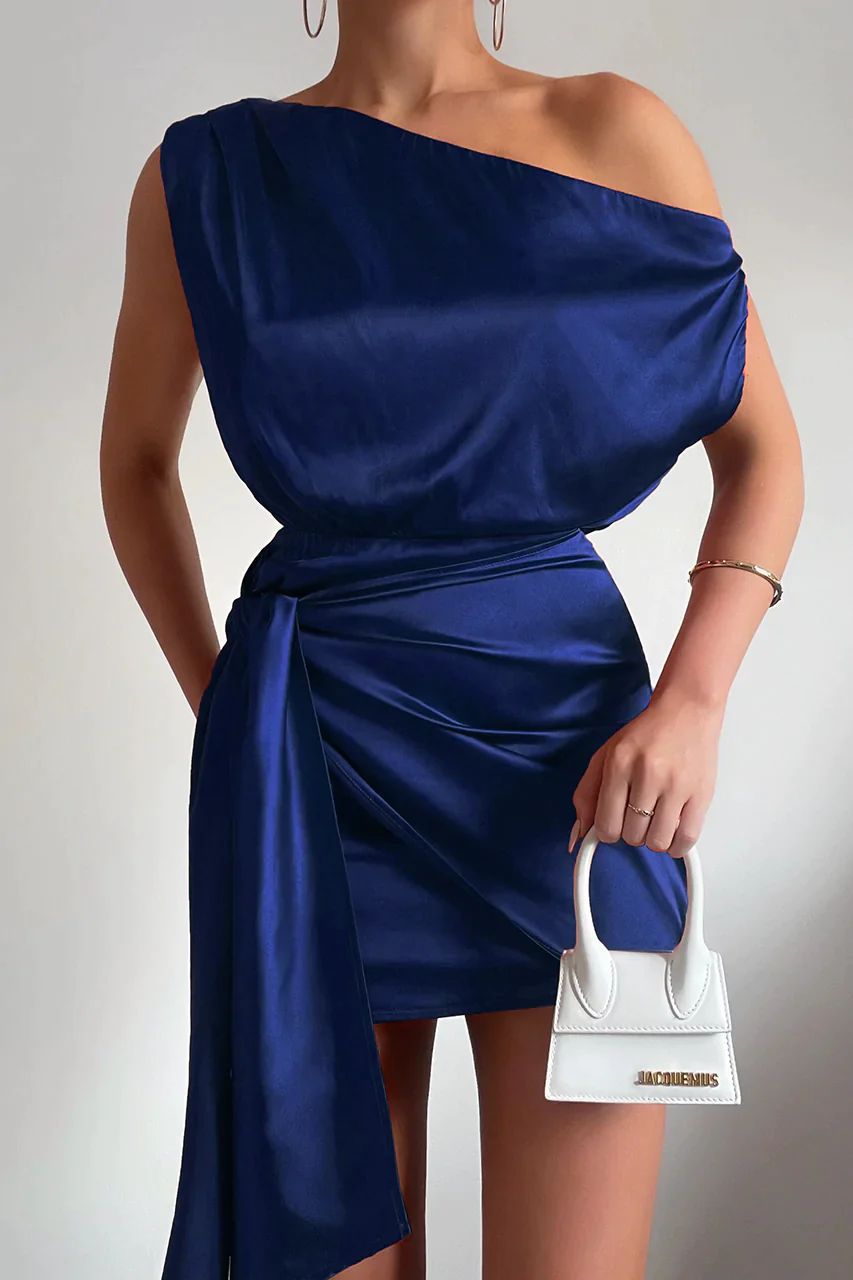 Damen Ein Schulter Mini Satin Kleid