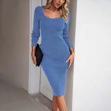 Damen Langarm Gestrickt Midi Etui Kleid