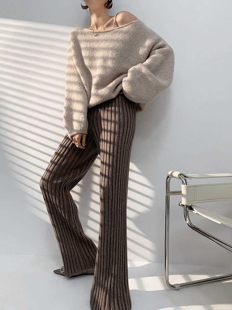 Damen Gerippt Lang Stoffhose