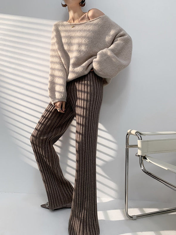 Damen Gerippt Lang Stoffhose