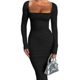 Damen Langarm Quadratausschnitt Midi Etui Kleid