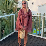 Women's Brown Ruffle Long Sleeve Blouse
